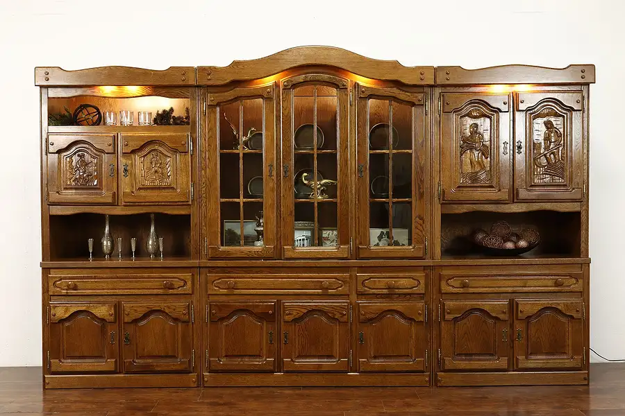 Main image of Oak 11' Vintage German Wall Unit, Cabinet, Bar & Bookcase, Carved Scenes