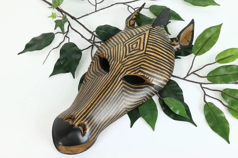 Main image of African Vintage Wooden Traditional Carved Zebra Mask