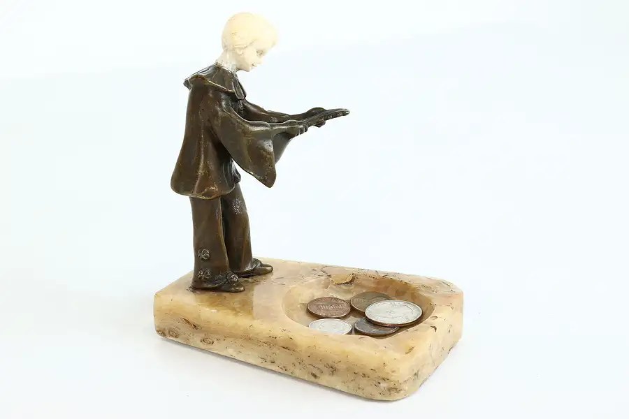 Main image of Art Deco Harlequin Playing Lute Antique Bronze & Marble Ring or Ash Tray