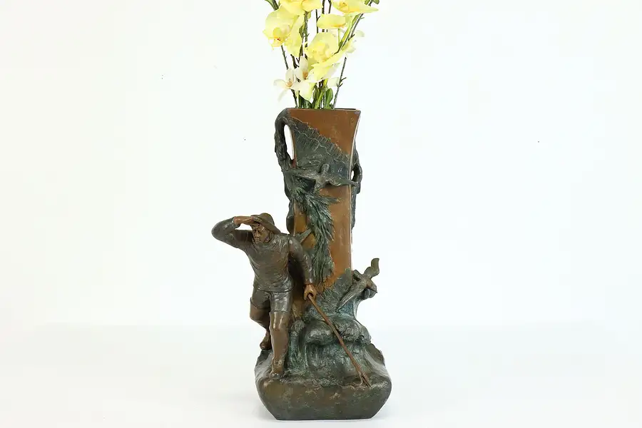 Main image of Art Nouveau Antique French Vase with Sailor and Birds Figures, Tin Liner