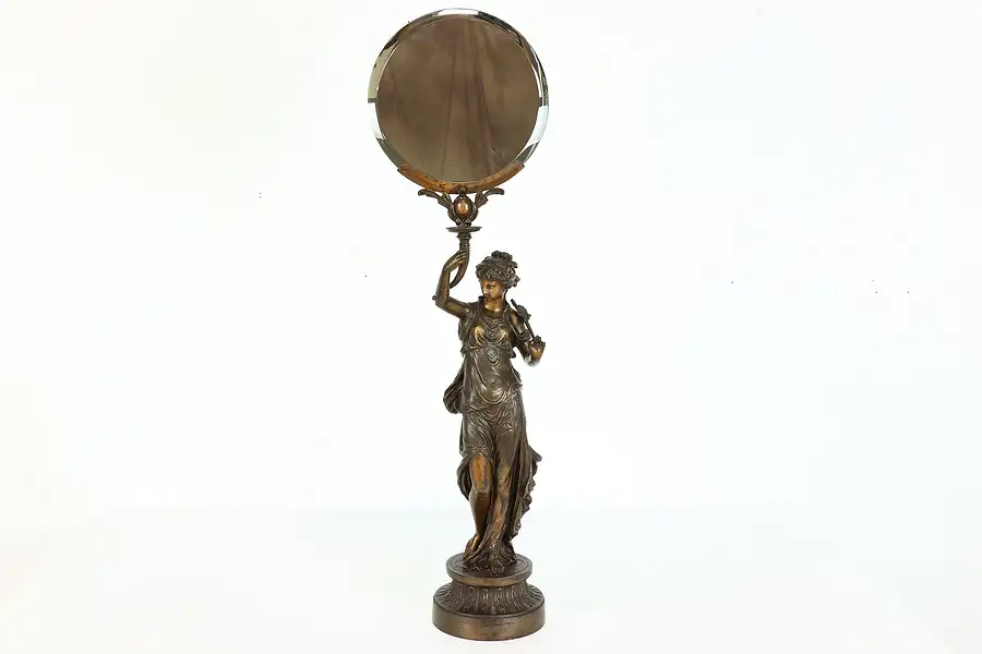 Main image of Art Nouveau Antique Patinated Sculpture of Lady holding Beveled Mirror