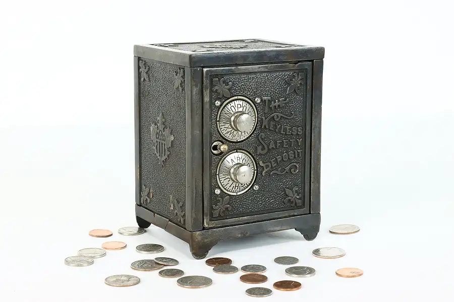 Main image of Victorian Antique Iron Coin Bank Double Combination Lock, Keyless Lock Co