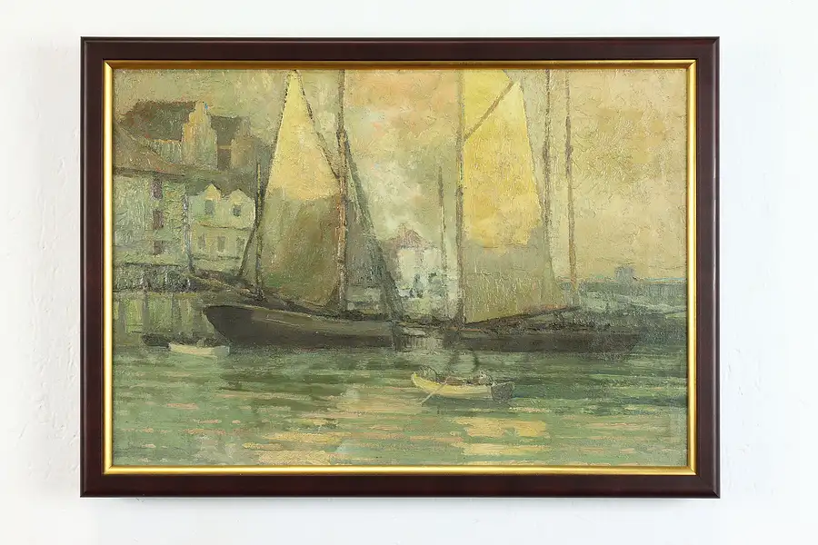 Main image of Sailboats at Harbor Vintage Original Oil Painting, Custom Frame 21.5"