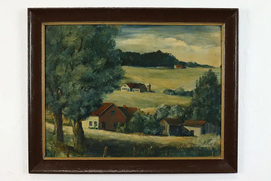 Main image of Farmhouses and Fields Antique Original Oil Painting, Hammar 23.5"