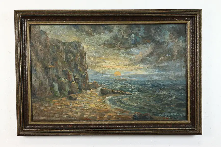 Main image of Sunset on a Beach & Cliffs Antique Original Oil Painting, Bettinger 37.5"