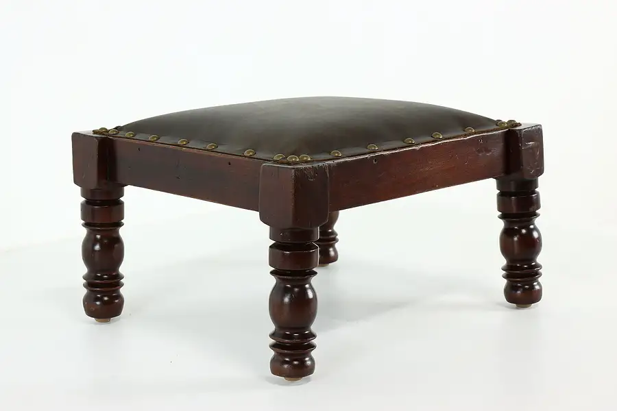 Main image of Traditional Antique Footstool, Leather Upholstery & Brass Nailhead Trim