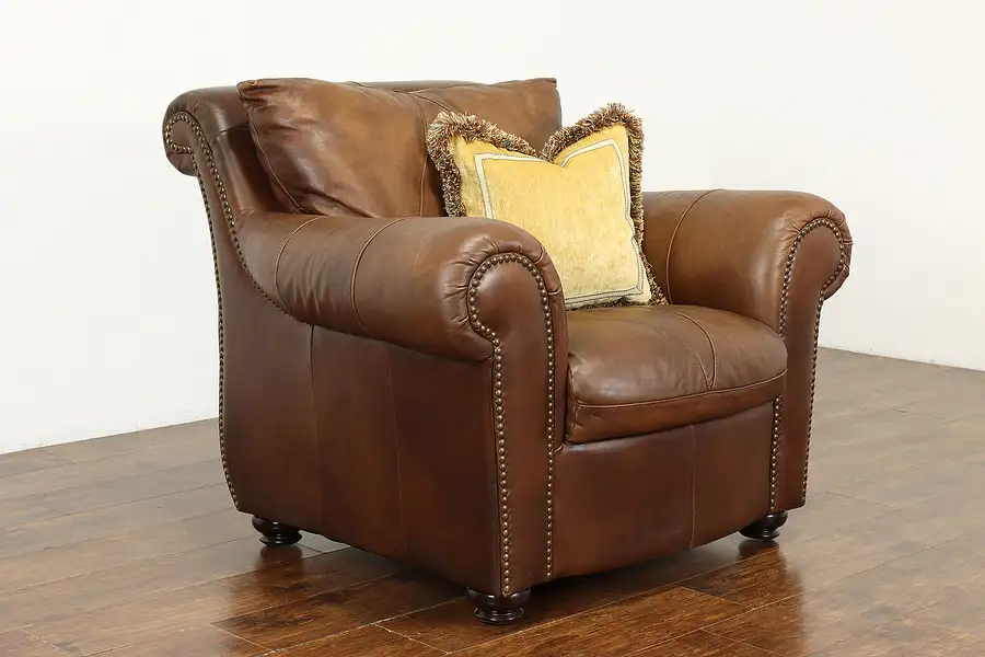 Main image of Traditional Italian Vintage Leather Overstuffed Armchair