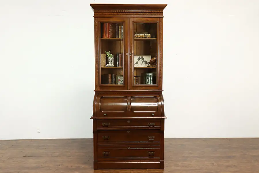 Main image of Victorian Eastlake Antique Walnut Cylinder Secretary Desk & Bookcase