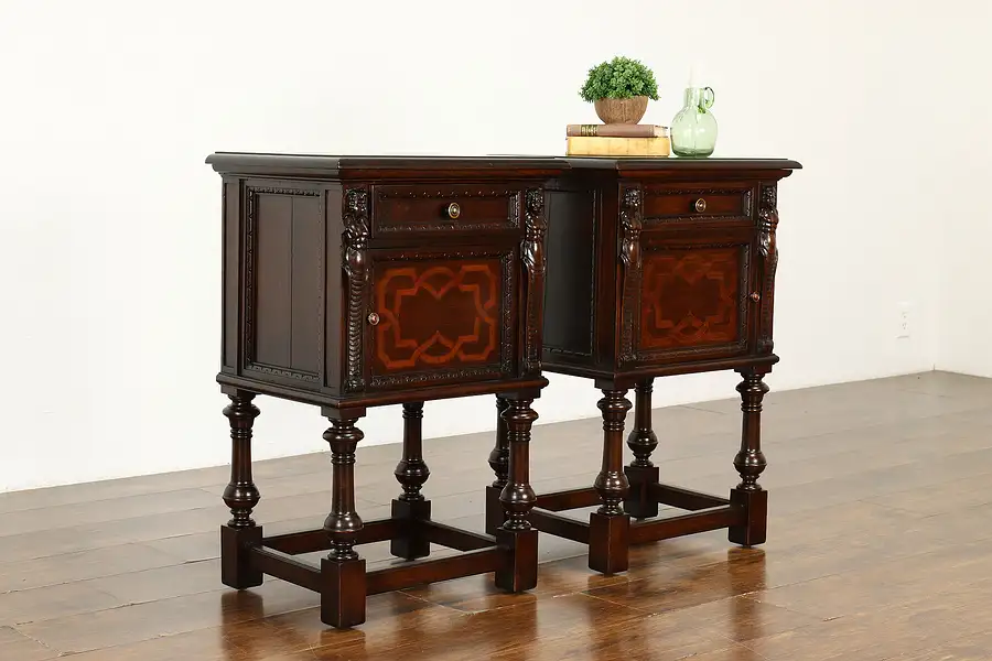 Main image of Pair of Renaissance Carved Walnut & Marquetry Antique Nightstands