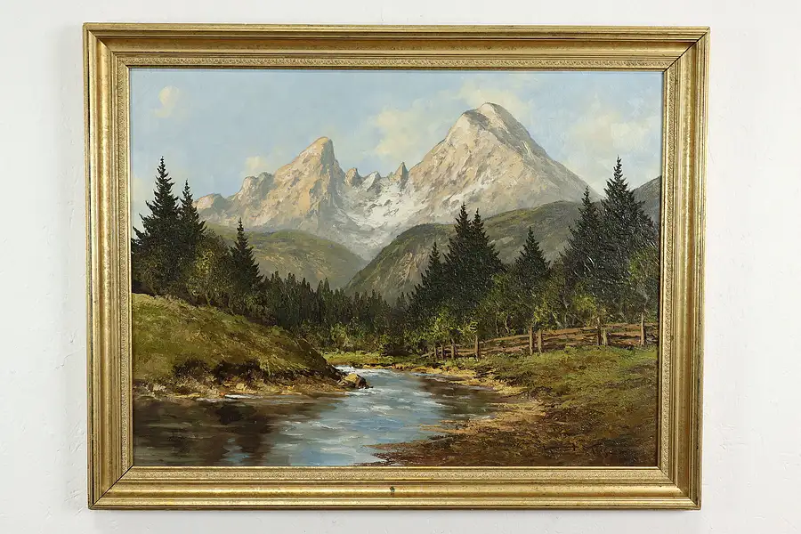 Main image of Alpine Mountain Scene Original Vintage Oil Painting, Kurt Moser 36"