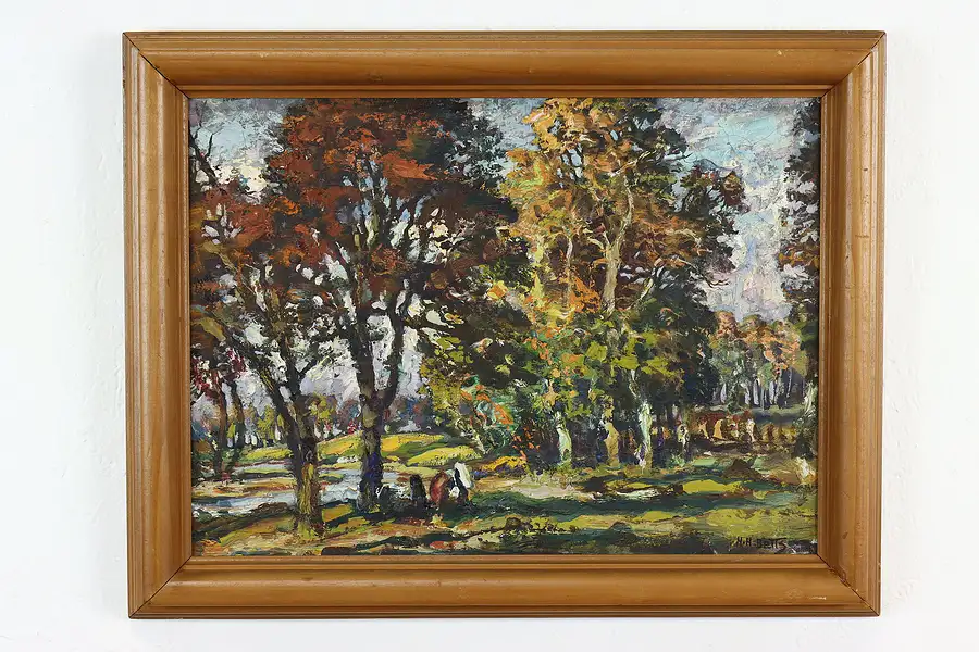 Main image of Fall & Stream Landscape Original Vintage Oil Painting, H. H. Betts 23"