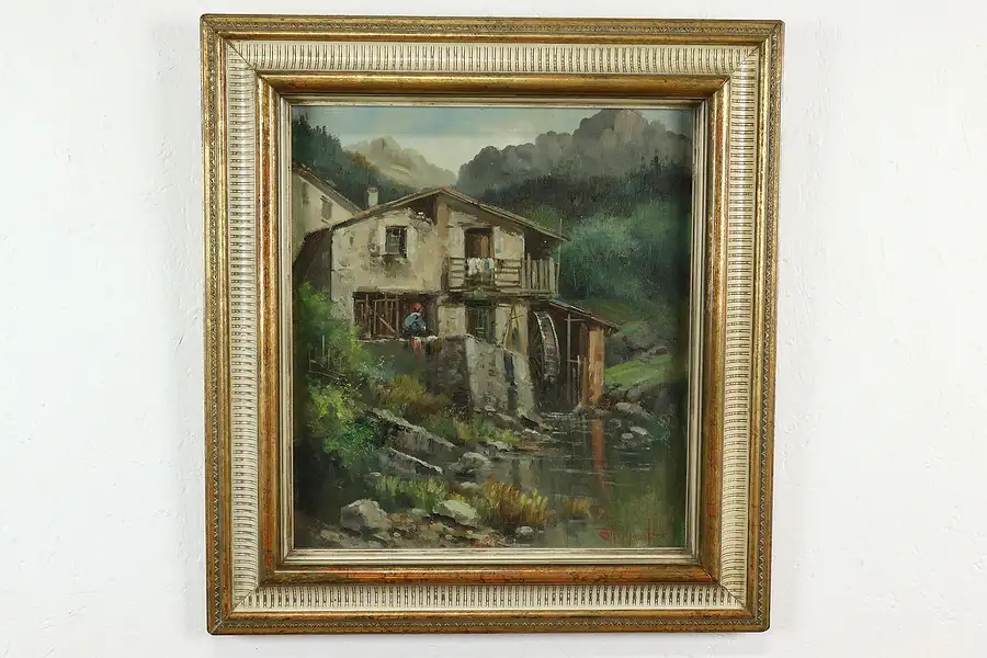 Main image of Millhouse Stream Scene Vintage Italian Original Oil Painting Magrotti 25"