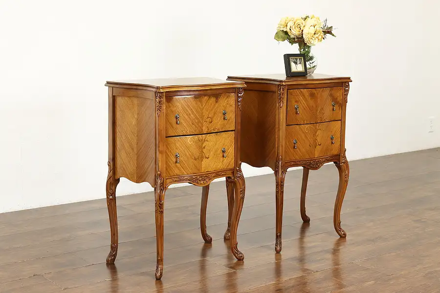 Main image of Pair of Vintage Country French Marquetry Nightstands, End or Lamp Tables