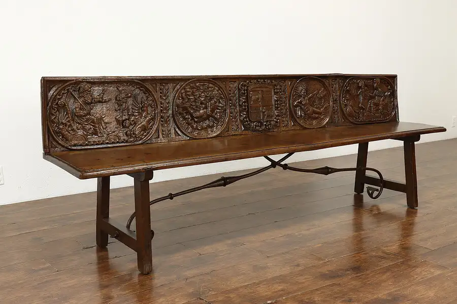 Main image of Renaissance Antique 1700 Italian Bench Hand Carved Mythological Scenes