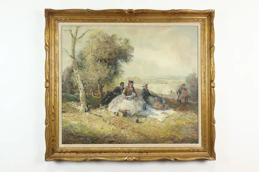 Main image of Picnic & Lake Landscape Vintage Original Oil Painting, Gschossmann 37.5"