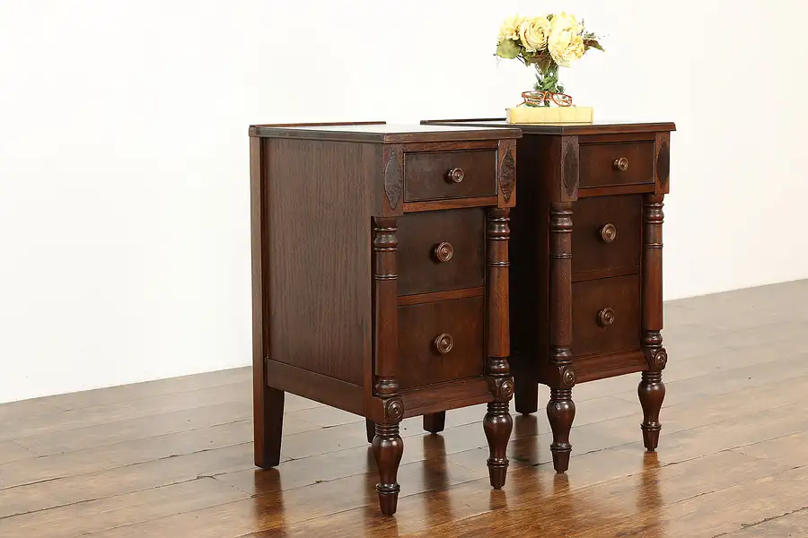 Main image of Pair of Vintage Tudor Style Walnut & Burl Nightstands, End or Lamp Tables