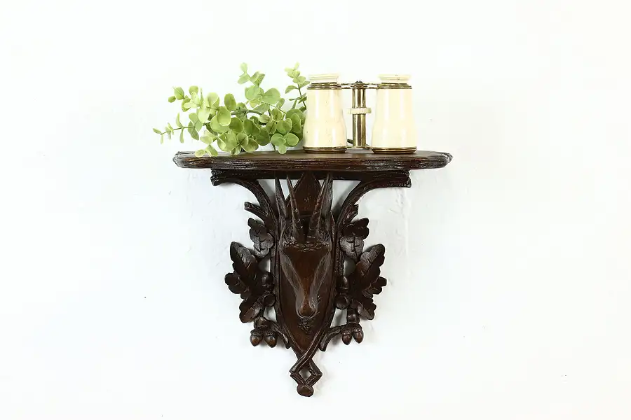 Main image of Black Forest Antique Carved Fruitwood Wall Shelf, Mountain Goat Head