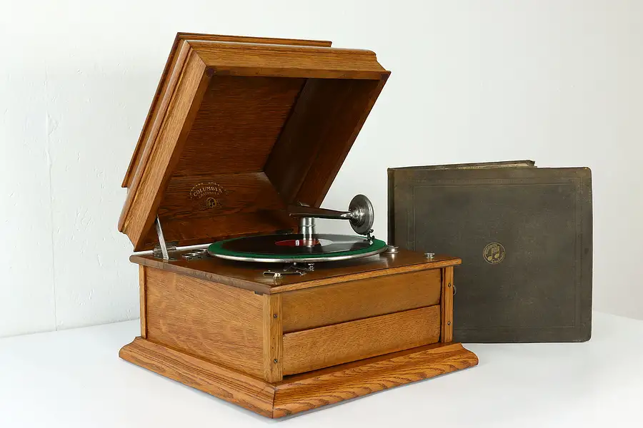 Main image of Columbia Grafonola Antique Oak Table Top Phonograph & Records