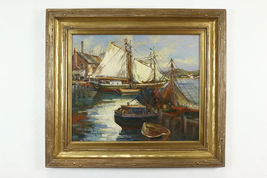 Main image of Sailboats at Dock Antique Original Oil Painting, Sebastian 33"