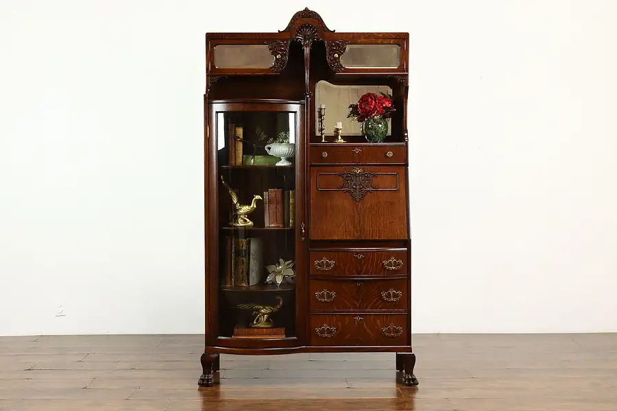 Main image of Victorian Antique Oak Side by Side Secretary Desk & Bookcase Curved Glass