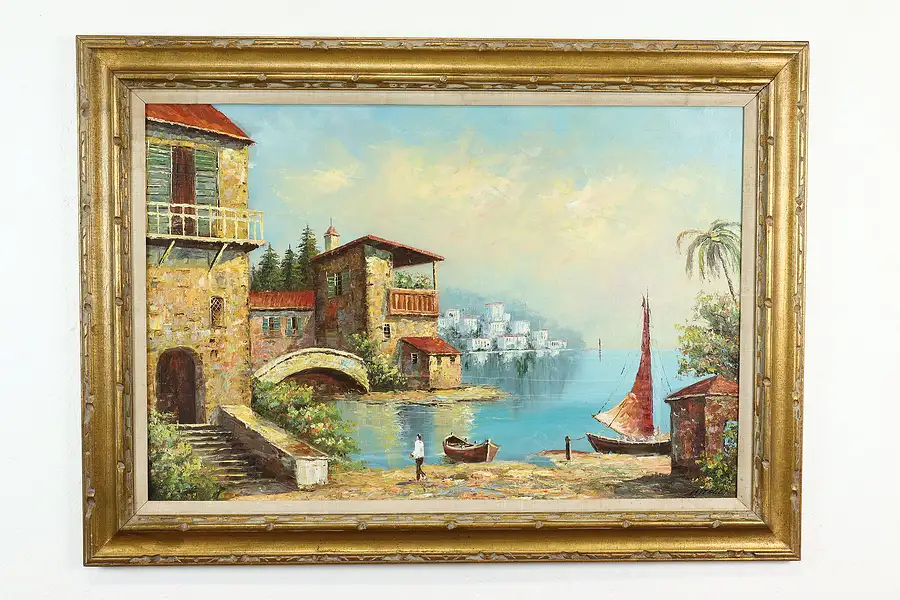 Main image of Capri Italy Harbor Scene Vintage Original Oil Painting, Mitelli 43.5"