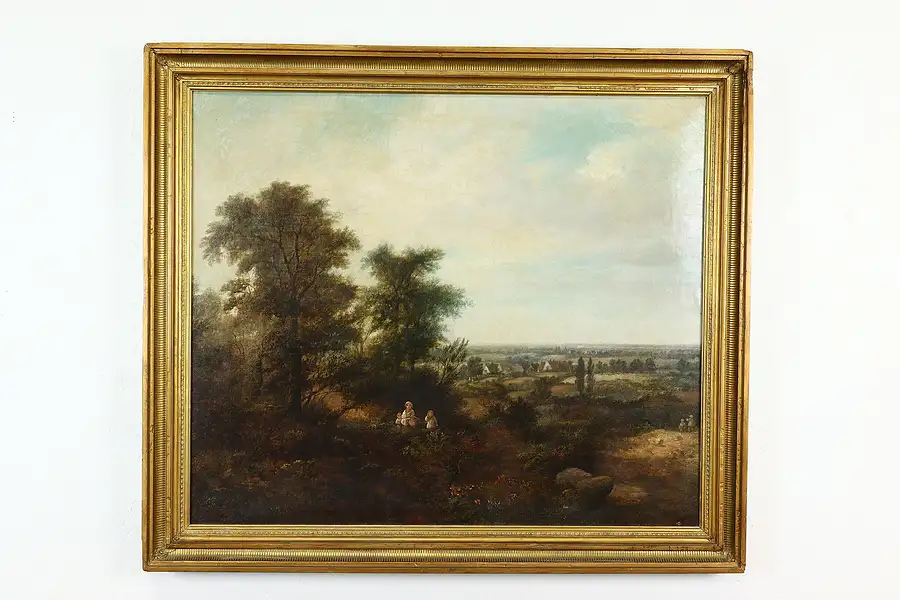 Main image of Landscape Picking Berries Antique 1825 Original Oil Painting, 37.5"