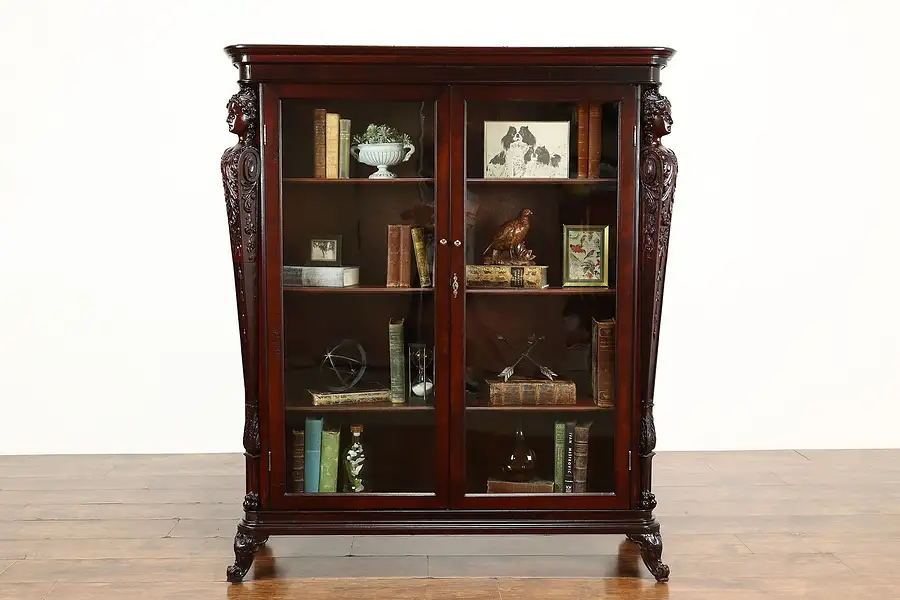 Main image of Empire Antique Mahogany Office or Library Bookcase, Carved Figures