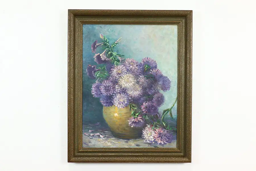 Main image of Purple Zinnias in Vase Still Life Antique Original Oil Painting, 33"