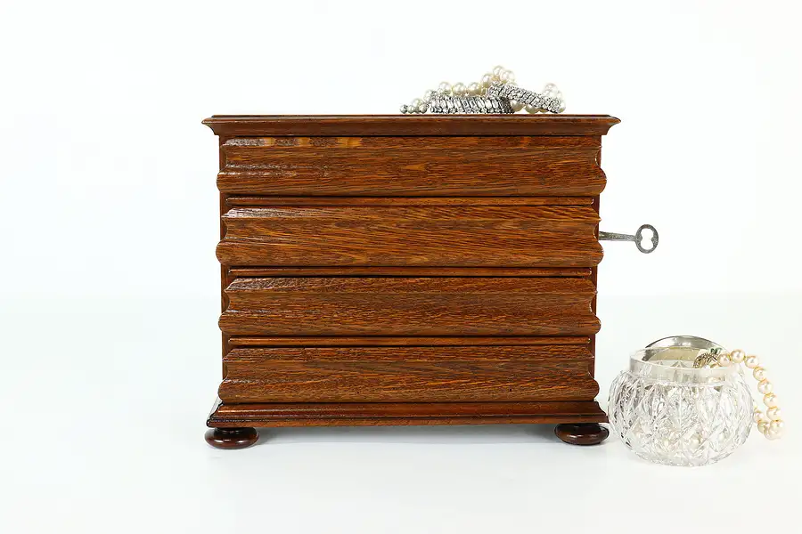 Main image of Oak Antique English Sidelock Jewelry Box or Collectors Chest