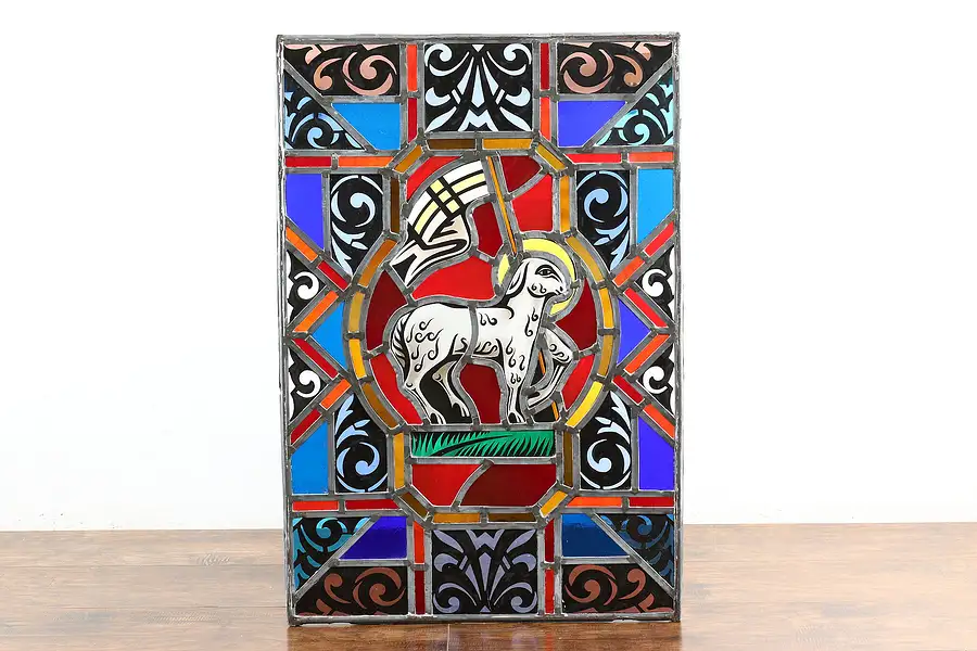 Main image of Architectural Salvage Vintage Leaded Stained Glass Window, Lamb