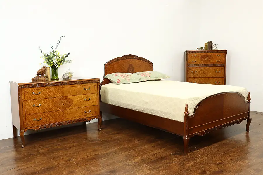 Main image of French Style Antique Carved Satinwood & Burl Queen Size 3 Pc. Bedroom Set