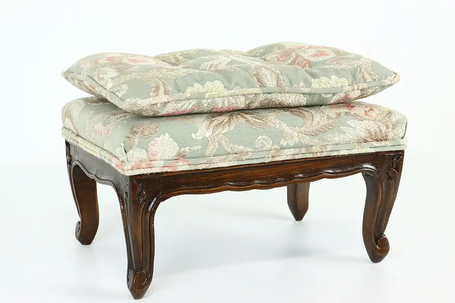 Main image of Country French Vintage Carved Fruitwood Foot Stool, Floral Upholstery