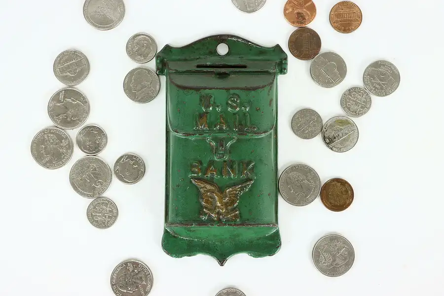 Main image of Cast Iron Antique Hanging US Mail Mailbox Coin Bank, Original Paint