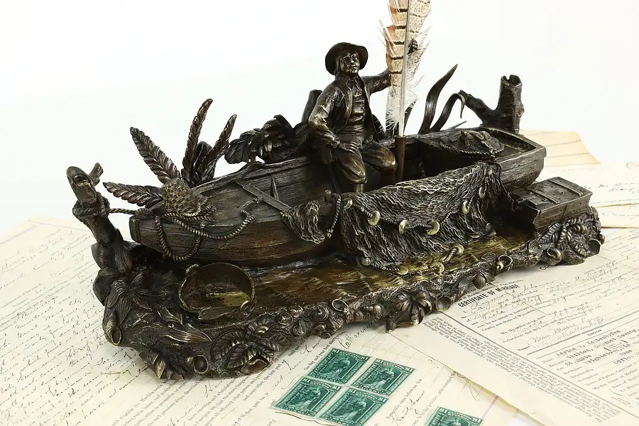 Main image of French Antique Bronze Fishing Boat Sculpture Desk Inkwell, Leblanc