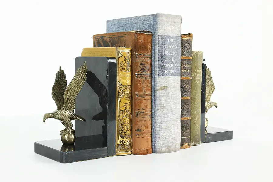 Main image of Pair of Vintage Brass Eagle & Marble Bookends, Leonard Silver