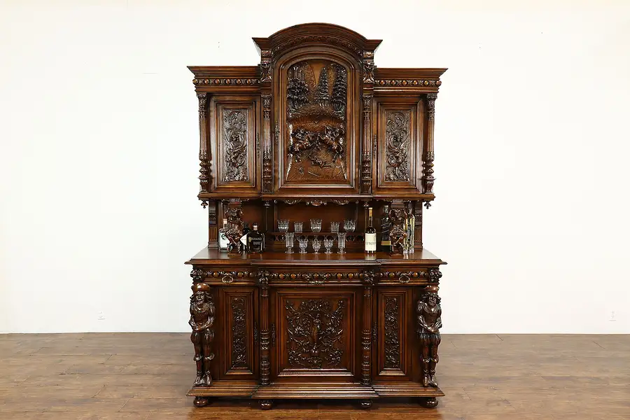 Main image of Walnut Antique Danish Cabinet, Carved Royal Court Jester Sculptures