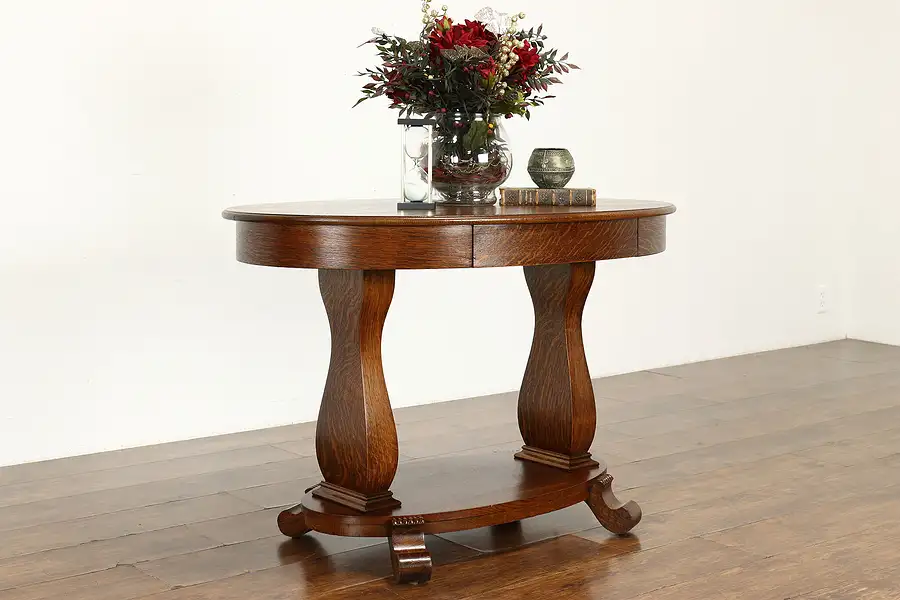 Main image of Empire Antique Quarter Sawn Oak Oval Library Desk or Hall Console Table