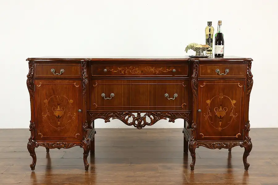 Main image of French Style Vintage Carved Walnut & Marquetry Sideboard, Server, Buffet