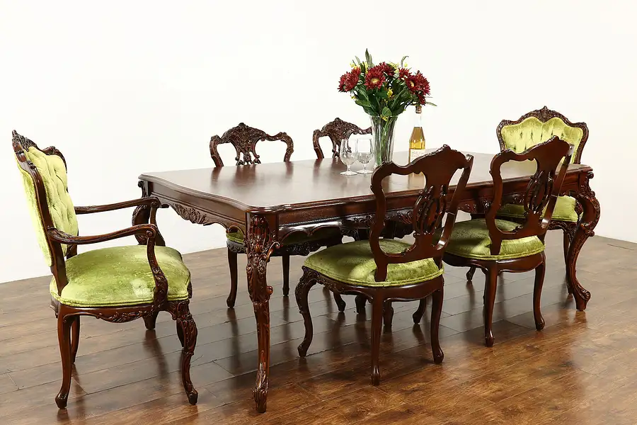 Main image of French Style Vintage Carved Walnut Dining Set, Table, 2 Leaves, 6 Chairs