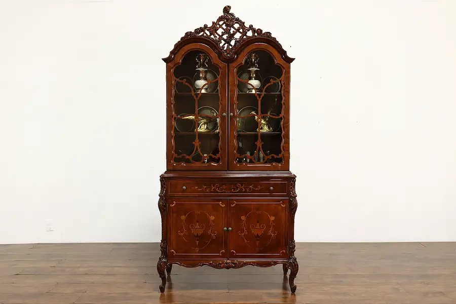 Main image of French Style Vintage Carved Walnut Marquetry China Curio Display Cabinet