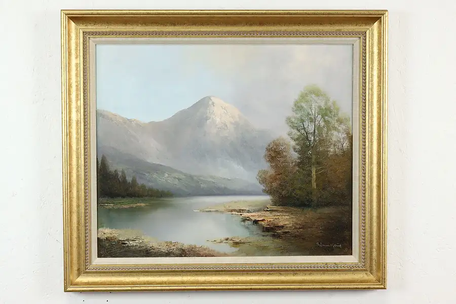 Main image of Mountain & River Landscape Vintage Original Oil Painting, Schmidbauer 30"