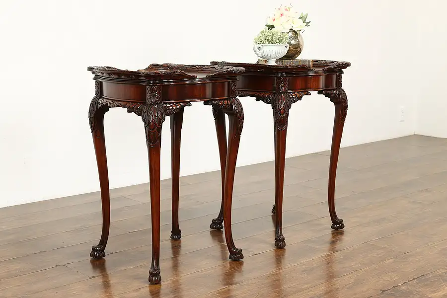 Main image of Pair of French Style Vintage Carved Mahogany Nightstands or End Tables