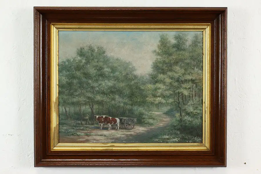 Main image of Woodcutter & Oxcart Vintage Original Oil Painting, 1937 Heinz 23.5"