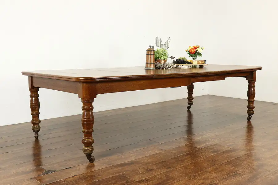 Main image of Farmhouse Antique English Oak Dining Table, 3 Leaves Crank Extends 9.5'