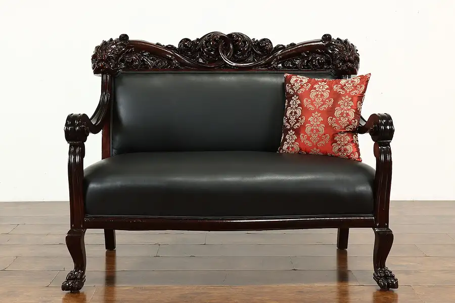 Main image of Art Nouveau Antique Mahogany Settee or Hall Bench, Carved Lions, Karpen