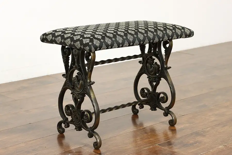 Main image of Cast Iron Antique Bench, New Upholstery, Scholar & Grapevine Motifs