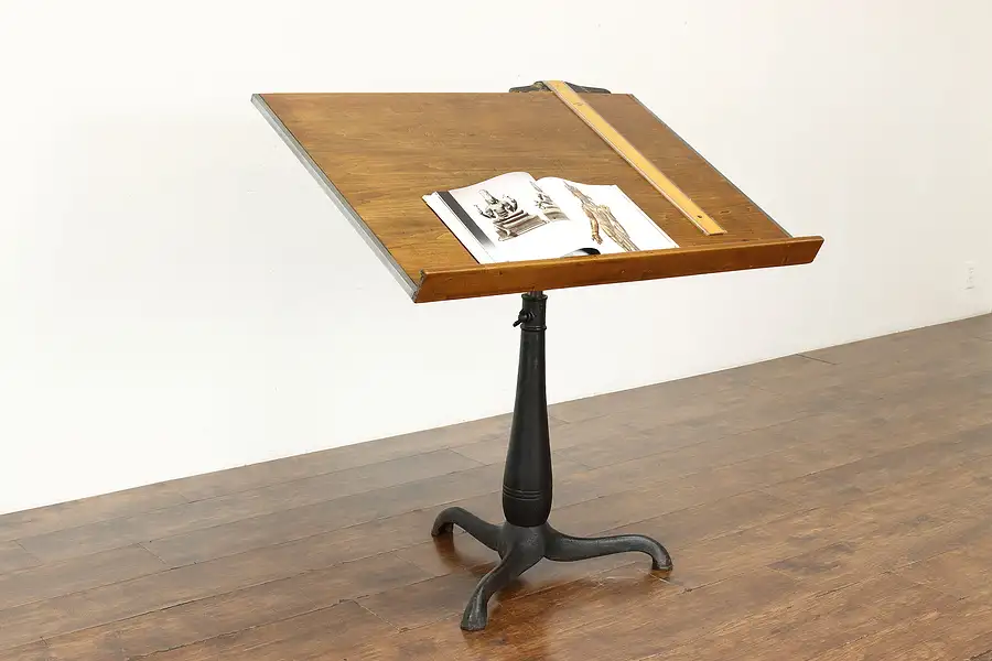 Main image of Industrial Antique Iron & Birch Adjustable Drafting Table or Artist Desk