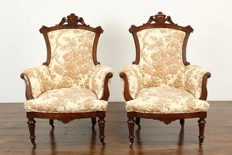 Main image of Pair of Victorian Renaissance Antique Walnut & Burl Chairs