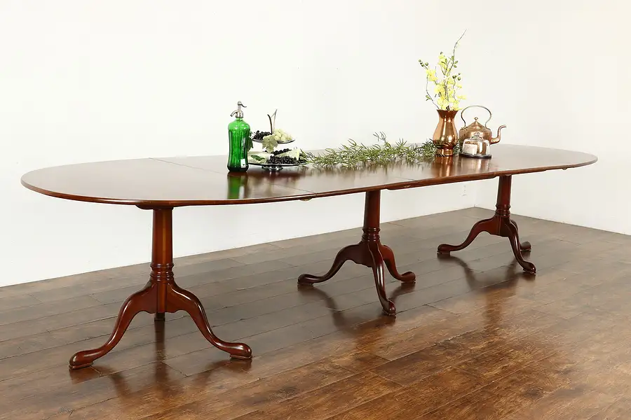 Main image of Traditional Vintage Cherry 3 Pedestal Dining Table, 2 Leaves Extends 12'