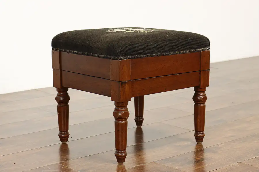 Main image of Victorian Antique Walnut Footstool, Shoeshine Compartment, Brushes